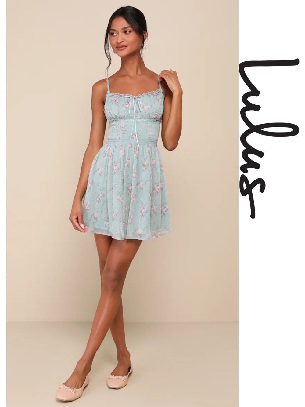 Lulu's - Flirty Dreamer Sage Floral Bustier Lace Ribbon Mini Dress- Large